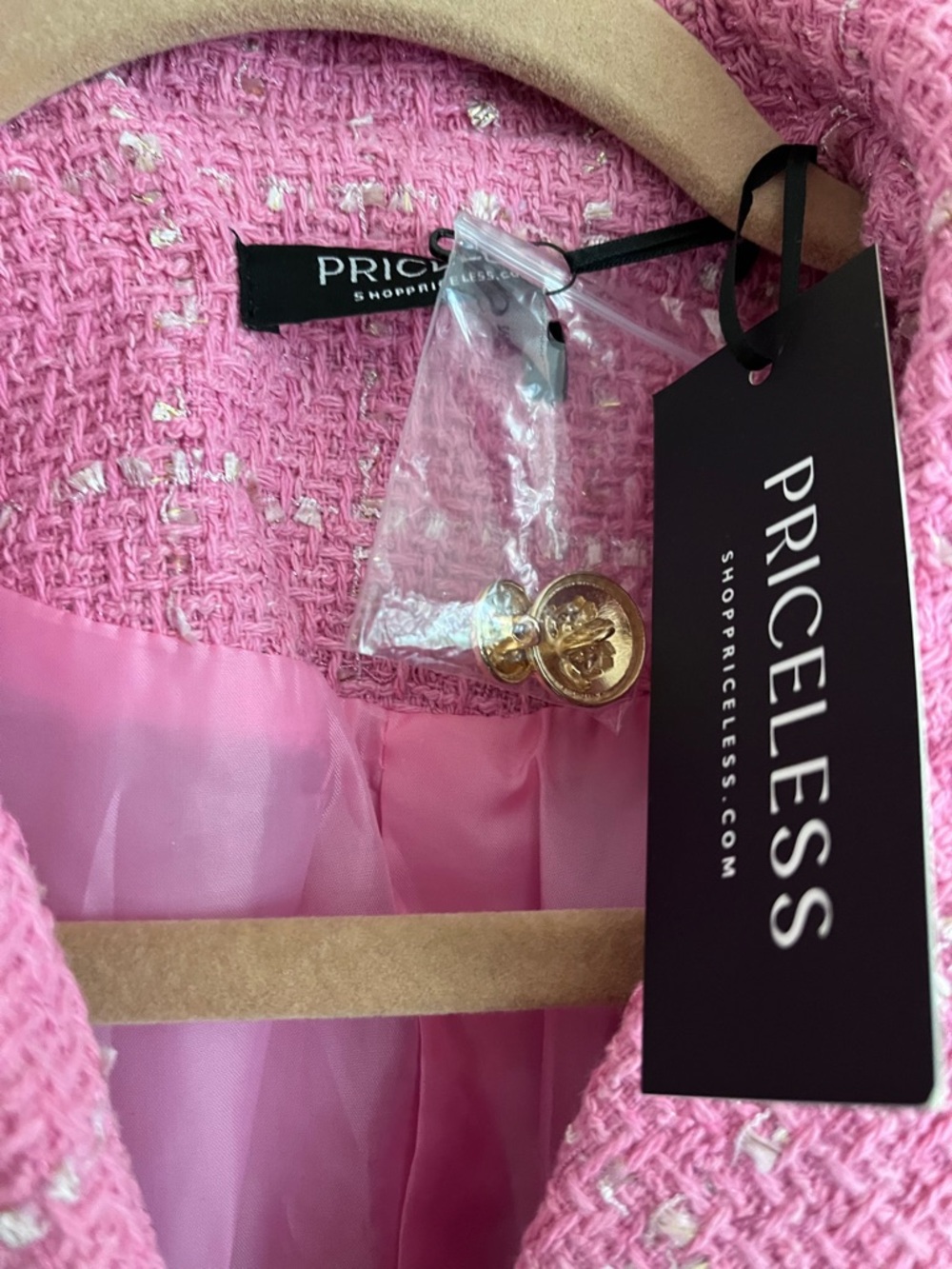 Pink Tweed Double-Breasted Blazer with Gold Buttons - Picture 3 of 5